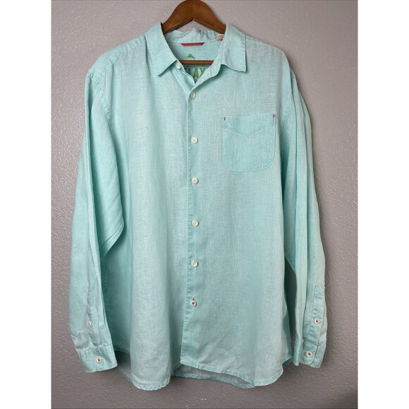 Tommy Bahama Shirt Mens Sz XL Turquoise Aqua Linen Casual Button Up Long Sleeve - Picture 1 of 10